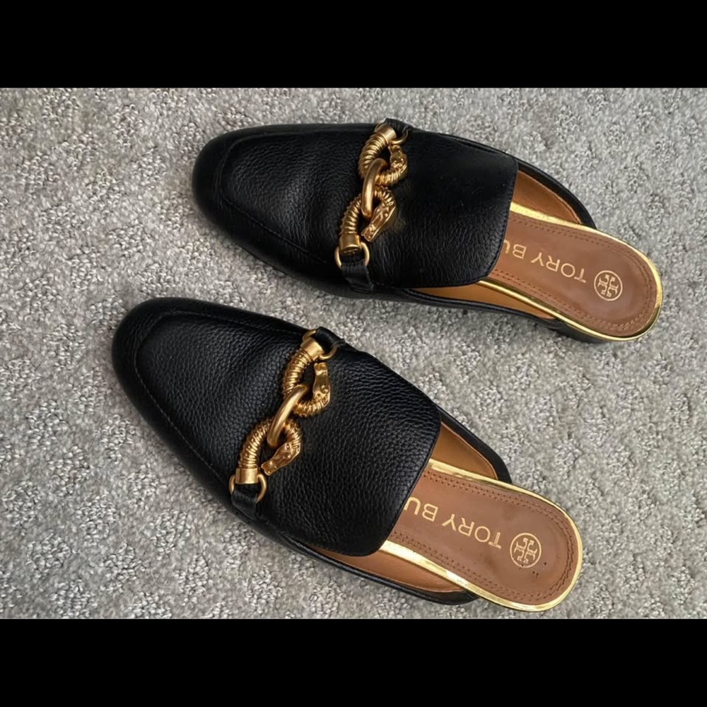 Tory Burch Black Leather Loafers with Gold Chain